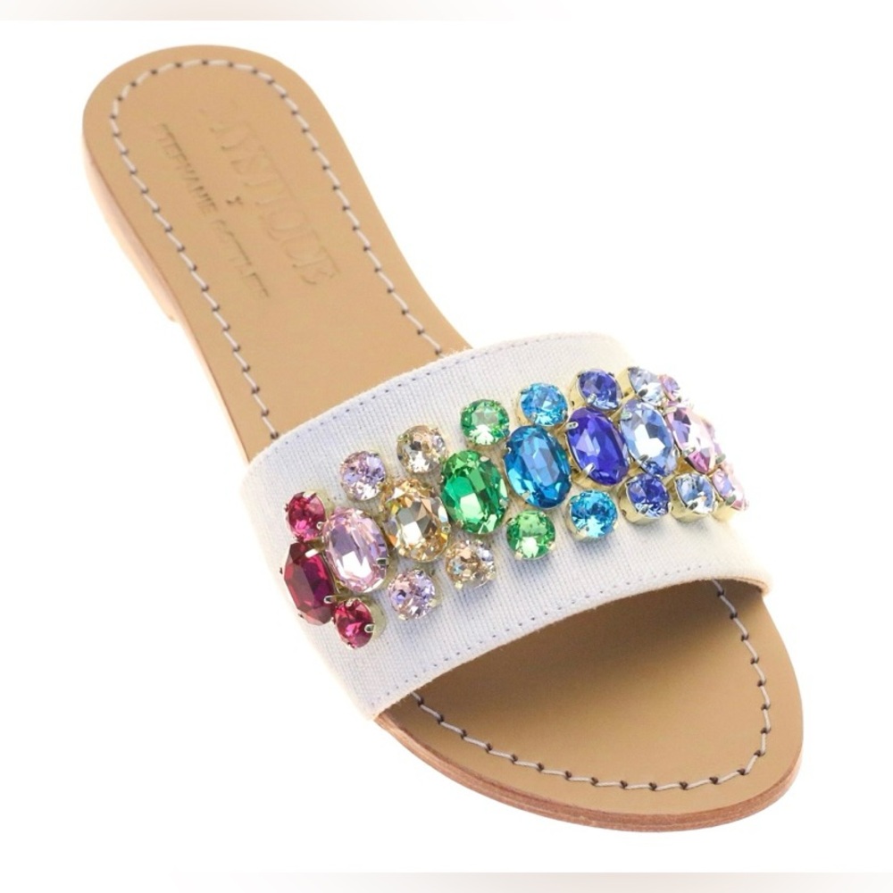 NIB Mystique X Stephanie Gottlieb Slides Multicolor Rainbow Stones White / Tan